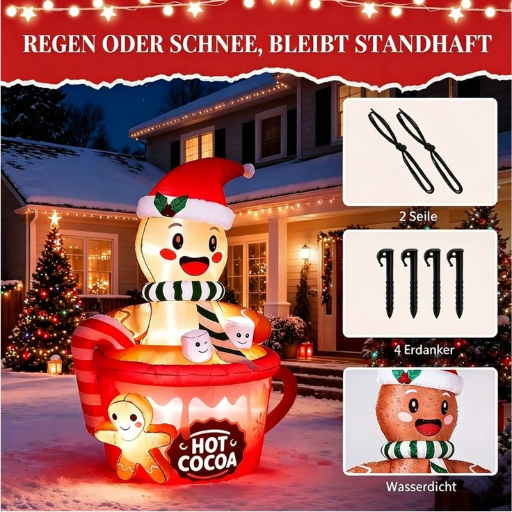 VINGLI Weihnachtsfigur Wetterfest, Weihnachtsdeko Aufblasbar für Innen & Außen, 180 cm Aufblasbarer Lebkuchenmann im Tassen mit Integrierten LEDs – Bild 3