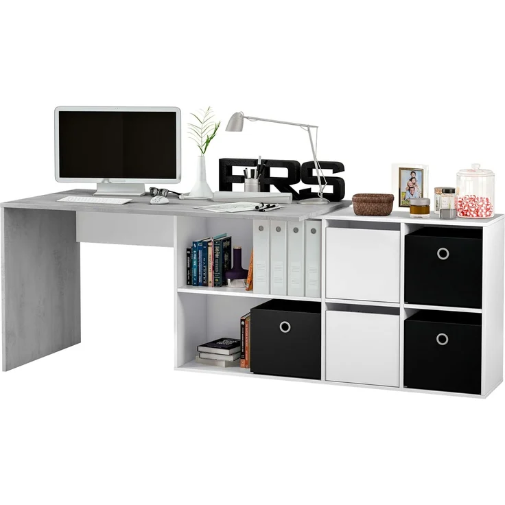 Habitdesign, Schreibtisch – flexibler PC-Tisch in Artik weiß und Zementgrau, rechts, links oder gerade aufstellbar, Maße: 136–203x66–139x74 cm (B x H x T), ideal für Homeoffice, Modell Adapta Plus – Bild 6