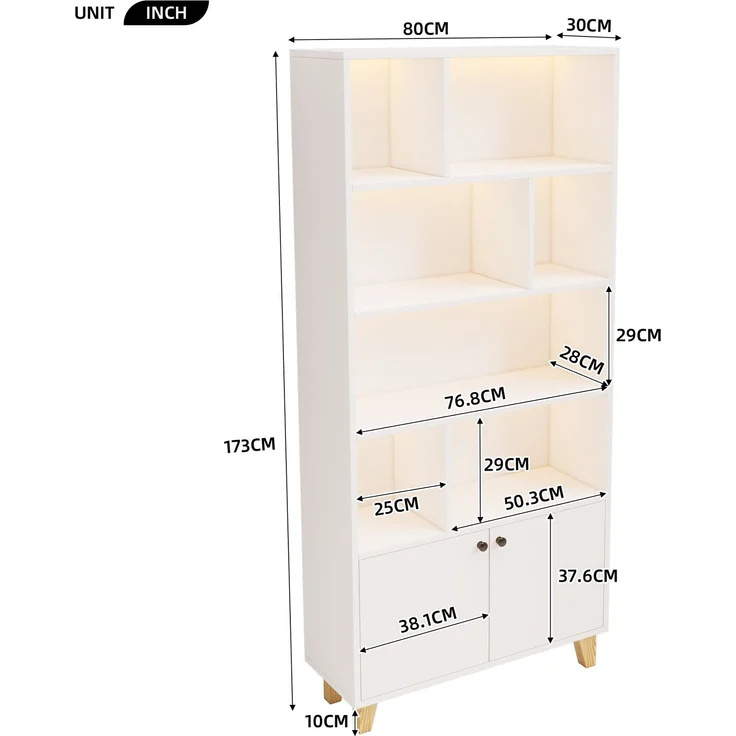Flieks Bücherregal mit LED 80×30×173 cm, Standregal weiß, Regal mit Türen & offenen Fächern, Massivholzbeine, Fernbedienung – Bild 4