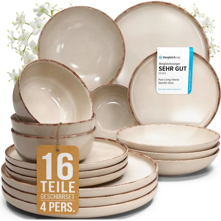 PURE LIVING INTERIOR DESIGN Geschirr-Set Rustic aus Steingut, 16-tlg, für 4 Personen, Beige, 4 Personen, Steingut, Mediterrane Handwerksoptik, Reaktive Glasur – jedes Stück einzigartig… – Bild 1