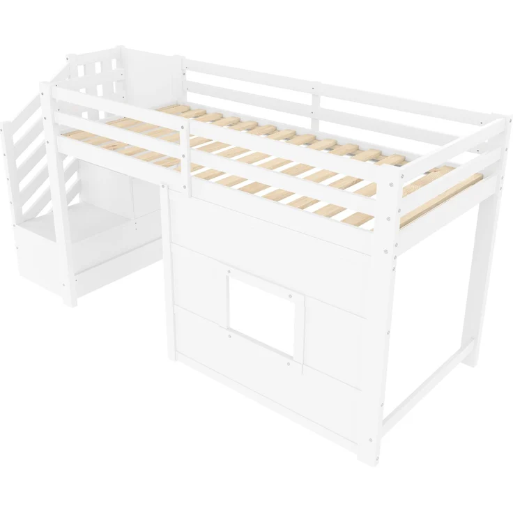 EINHOM 90 x 200 Cmhochbett mit Stauraumtreppe und Fenster, 90 x 200 cm, Weiß, (Ohne Matratze) – Bild 3