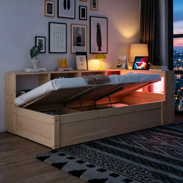 Multifunktionsbett 90×200 cm mit Bettkasten, LED-Lichtleiste und Steckdose, Holzfarbe, ohne Matratze – Bild 2