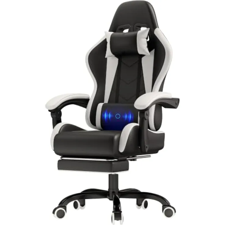 JUMMICO Gaming Stuhl, Bürostuhl Ergonomisch Mit Massagefunktion, Gamer Stuhl verstellbare Rückenlehne 90-135°,und fußstütze, Gamingstuhl 150 kg belastbarkeit, Weiß