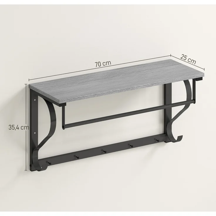Wandmontierter Kleiderständer, Kleiderhaken, 5 Haken, oberes Fach, vielseitig, Grau--Grau--35.4x25x70cm--YOUDENOVA – Bild 5