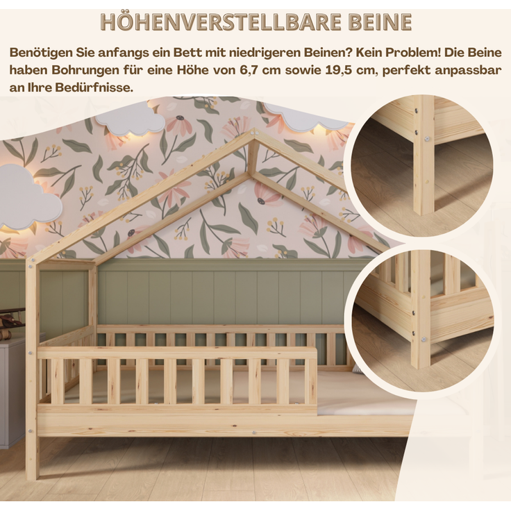 Crazy Pine 'Crazy House' Hausbett mit abnehmbaren Rausfallschutz, Naturholz, Natur, 100x200 cm, mit Ausziehbett – Bild 6
