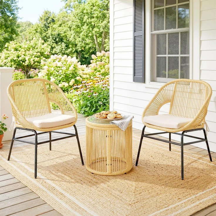 3-teiliges Bistro-Balkon-Set: 2 bequeme Sessel und ein Tisch aus gehärtetem Glas, abnehmbare Kissen in Beige – Bild 4