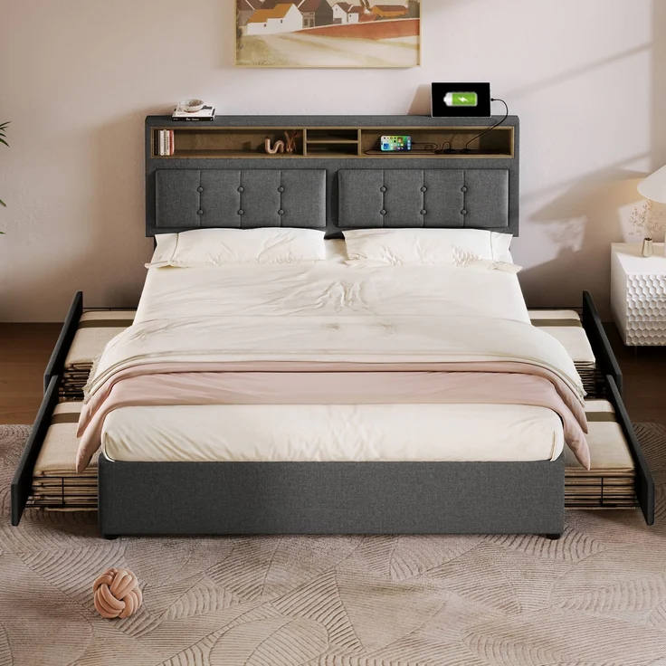 Doppelbett mit 4 Schubladen, höhenverstellbarem Kopfteil & USB-C Ladestation, Leinen, 160x200 cm, Grau, mit Matratze – Bild 3