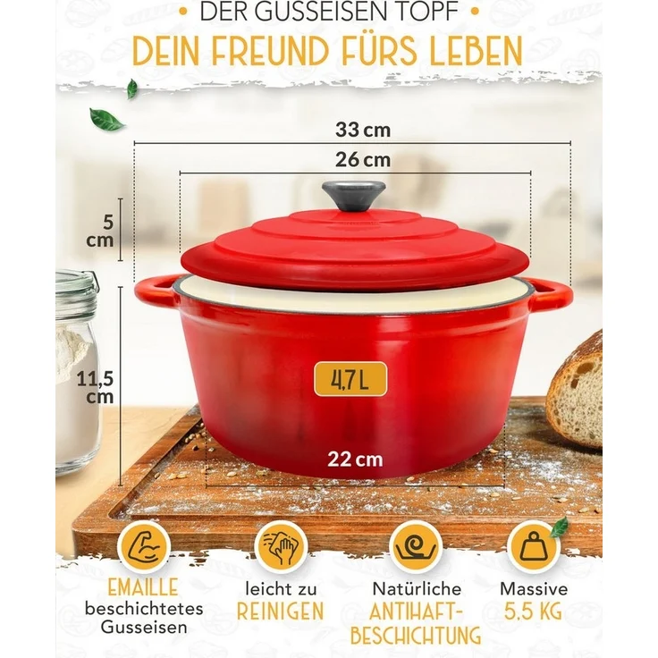 Krustenzauber Kasserolle Gusseisen Topf als Kochtopf, Schmortopf oder Brotbackform – Bild 3