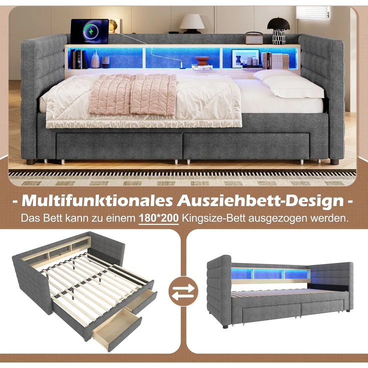 Tagesbett, Daybett, Schlafsofa, 90 × 190 cm, multifunktionales Ausziehbett-Design, USB- + Typ-C-Anschlüsse, mit zwei Schubladen, mehreren Staufächern, LED-Lichtleiste, Ohne Matratze, Samt, Grau – Bild 2