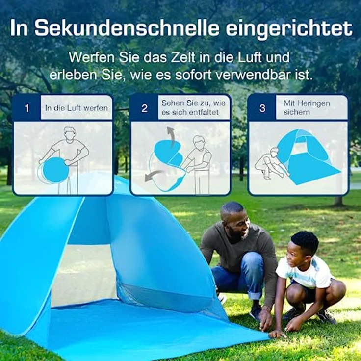 Active Era Pop Up Strandmuschel mit UV Schutz, UPF 50+ Strandzelt, Windschutz Strand, Zelt für 2-3 Personen inkl. Tragetasche und Heringe - Blau – Bild 3