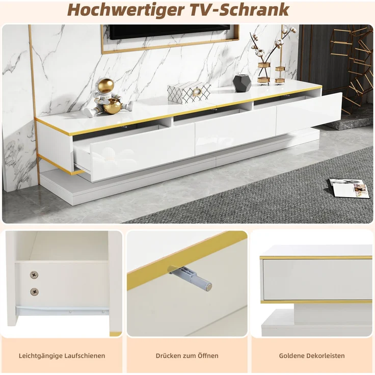 EINHOM Modernes Weißes Hochglanz-TV-Ständer- und Couchtisch-Set, TV-Konsole mit 3 Schubladen, Couchtisch mit 2 Schubladen, Goldbesatz, für das Wohnzimmer, Fernsehtisch und Kaffeetisch – Bild 6