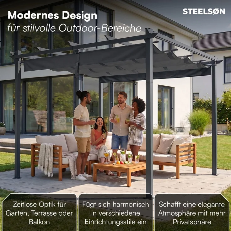 STEELSØN 'Xyriela' Pergola mit Schiebedach, 3x3m, Aluminium, anthrazit/grau, Gartenpavillon, wetterfest, Pavillon mit freistehender Terrassenüberdachung – Bild 8