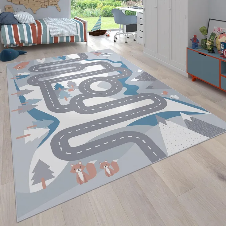 Paco Home Kinderteppich Bino 574, rechteckig, Höhe: 4 mm, Kurzflor, Straßen-Spiel-Teppich, Tippis & Wald, Kinderzimmer