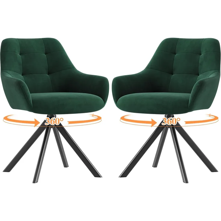 MALOL Drehbare Esszimmerstühle 2er Set, 360° Drehbare Armlehnstühle mit weichem Florstoff & Metallgestell, Bequeme Esszimmerstühle Drehbar mit Rückenlehne für Küche, Esszimmer, Büro, Grün