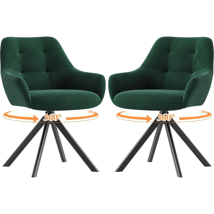 MALOL Drehbare Esszimmerstühle 2er Set, 360° Drehbare Armlehnstühle mit weichem Florstoff & Metallgestell, Bequeme Esszimmerstühle Drehbar mit Rückenlehne für Küche, Esszimmer, Büro, Grün