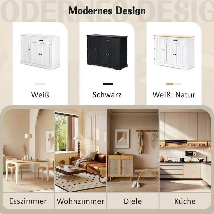 Modernes, elegantes Sideboard mit 3 Türen und einer Schublade, Buffetschrank für Esszimmer, Wohnzimmer und Diele (Weiß) – Bild 9
