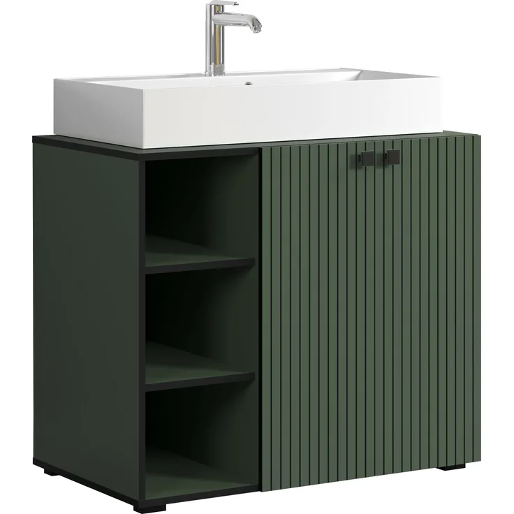trendteam smart living - PureBliss - Waschbeckenunterschrank - Grün - Rillenoptik - 3 offene Fächer + 1 Einlegeboden + 80cm Aufsatzwaschbecken - (BxHxT) 90 x 91 x 53 cm - edle Metallgriffe