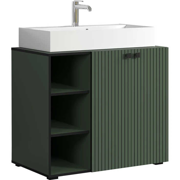 trendteam smart living - PureBliss - Waschbeckenunterschrank - Grün - Rillenoptik - 3 offene Fächer + 1 Einlegeboden + 80cm Aufsatzwaschbecken - (BxHxT) 90 x 91 x 53 cm - edle Metallgriffe – Bild 1