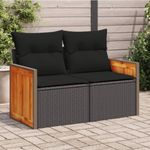 vidaXL Gartensofa mit Kissen 2-Sitzer Schwarz Poly Rattan 365995