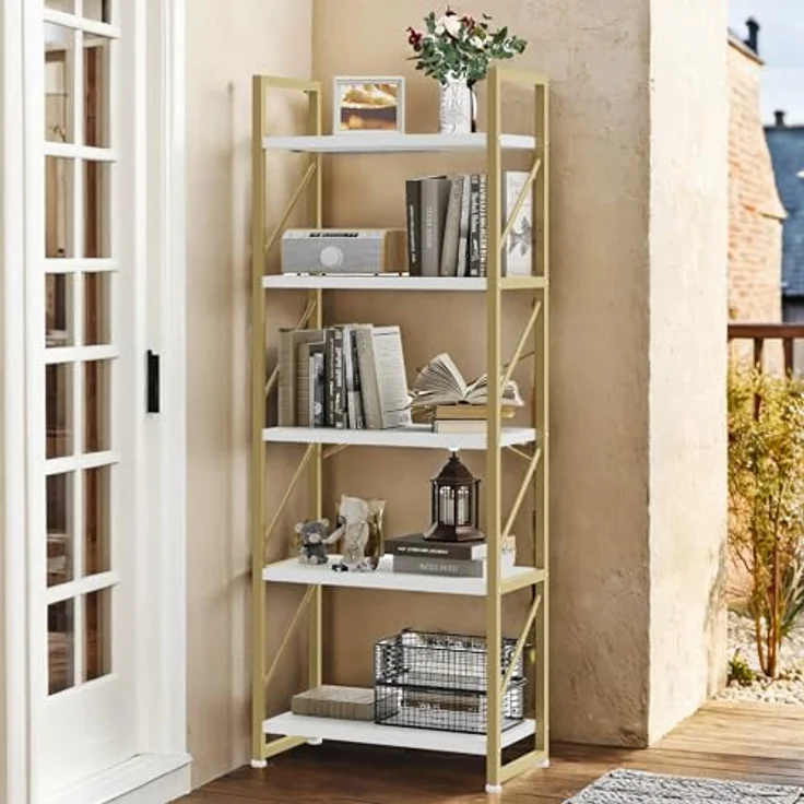 YITAHOME Bücherregal, Standregal mit 5 Ebenen, Hohes Lagerregal mit Metallrahmen, Industrielles Ausstellungsregal, Regaleinheiten, für Wohnzimmer, Schlafzimmer, Homeoffice, Küche, Gold Regal – Bild 4