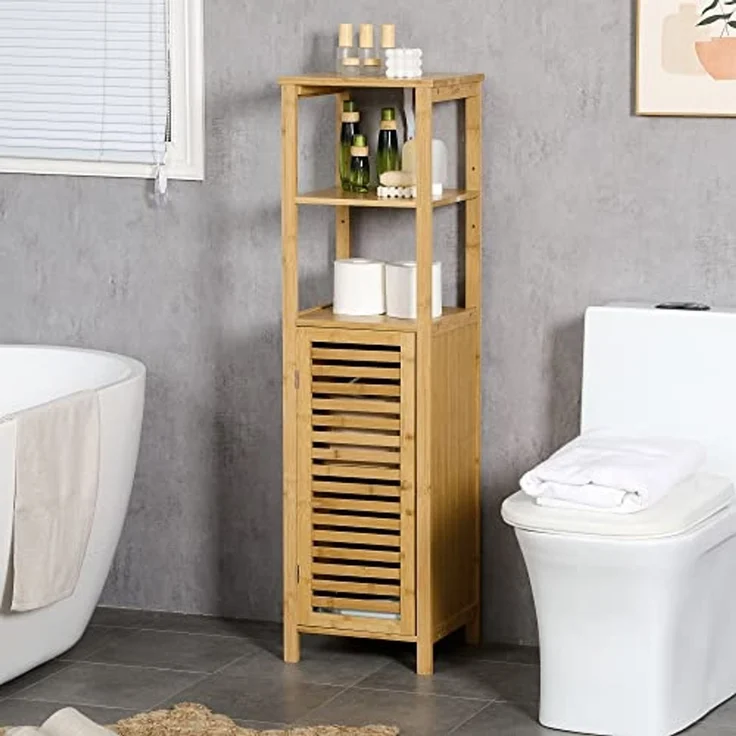 Kleankin Badkommode höhevestellbar, aus Bambus, mit Schrank, zwei offene Ablagen (Badezimmerschrank, 1 St, Badezimmermöbel), für Badezimmer, 33 x 30 x 120 cm Naturholz – Bild 2
