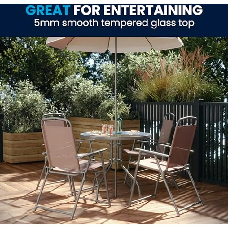 Flash Furniture Nantucket Garten-Set, 6-teilig, Braun, mit Tisch, Sonnenschirm und 4 Klappstühlen – Bild 7