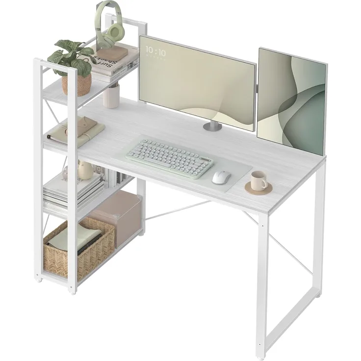 Vasagle Schreibtisch, mit Regalböden rechts oder links, Ahornweiß, 56 x 120 x 120 cm