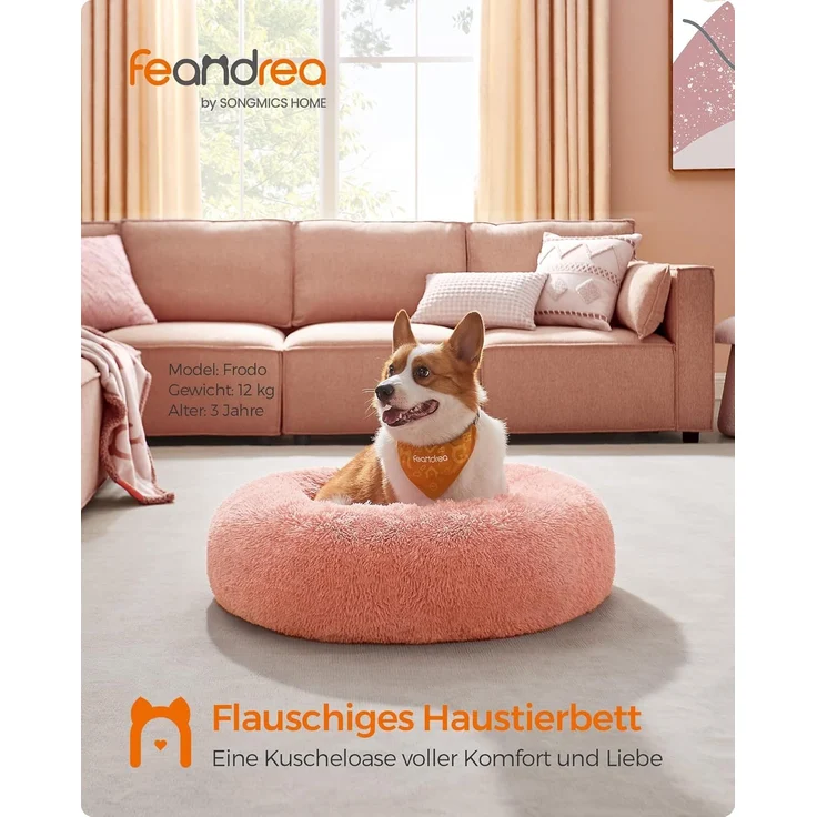 Feandrea Hundebett flauschig, Katzenbett, Donut Kissen, waschbar, Polsterung in der Mitte herausnehmbar, Langer Plüsch, 80 cm Durchmesser, rosa PGW040R01 – Bild 3