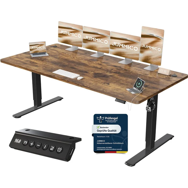JUMMICO Schreibtisch elektrisch höhenverstellbar mit USB-Ladeanschluss, Braun, 200x80 cm