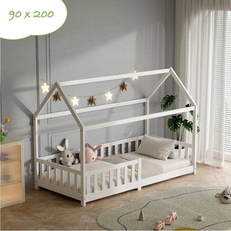 ecoMI Kinderbett Hausbett, Rausfallschutz, Lattenrost, 90x200 & 80x160, Weiß & Natur, Hausbett, Rausfallschutz, Lattenrost, 90x200 & 80x160, Weiß & Natur – Bild 5