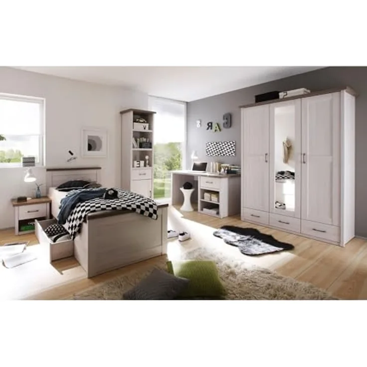 Jugendzimmer Komplett Set 5-tlg. LUND-78 im Landhaus Design, Pinie weiß Nb. /Trüffel Eiche Nb.
