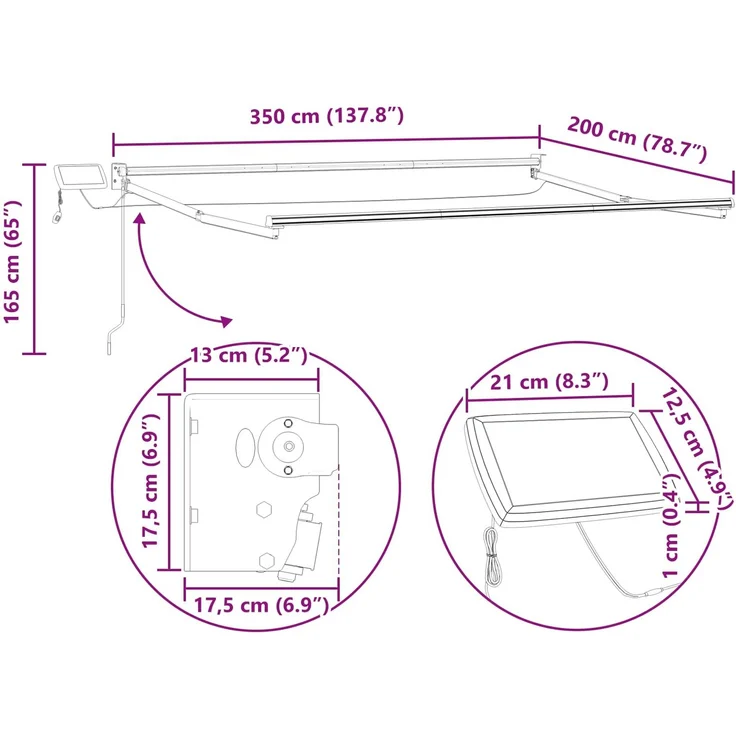 vidaXL Manuelle Gelenkarmmarkise mit LEDs Anthrazit 3,5x2 m 3419382 – Bild 10