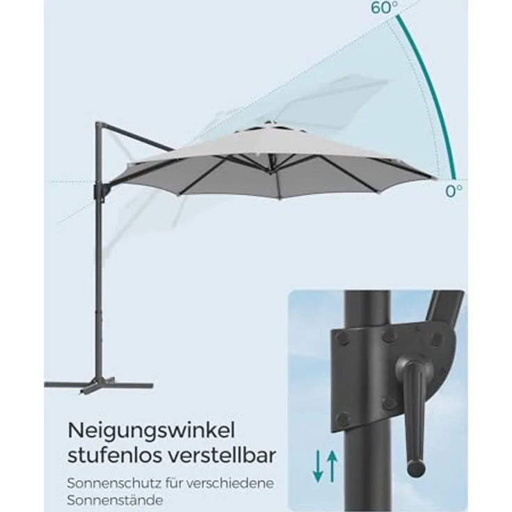 Songmics Sonnenschirm, Ø 300 cm, UPF 50+, 360° drehbar, Neigungswinkel stufenlos verstellbar, taubengrau – Bild 5
