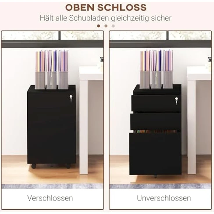 Vinsetto Rollcontainer Aktenschrank mit 3 Schubladen, Bürocontainer abschließbar, (Büroschrank, 1 St, Standcontainer), für A4-Format, Stahl, Schwarz, 37 x 43,5 x 60 cm – Bild 6