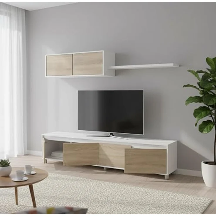 Dmora - Wandsystem Savannah, TV-Ständer, Wohnzimmermöbel, Zusammensetzung des Wohnzimmersets, Wohnzimmerset mit Schrankwand, 200 x 41 x 43 cm, Weiß und Eiche – Bild 8