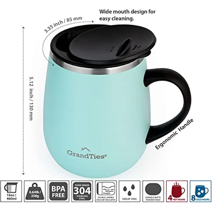 Grandties Insulated Coffee Mug with Handle, Sliding Lid for Splash-Proof 16 oz Wine Glass Shape Thermal Tumbler with Double Walled Vacuum Stainless Steel to Keep Beverages Hot or Cold- Powder Green – Bild 4