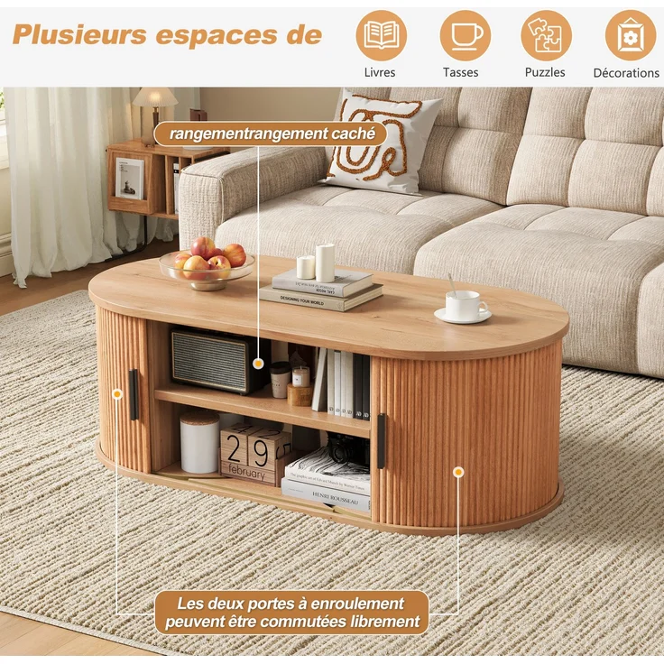 Couchtisch 100 x 50 x 33 cm, mit ovaler Tischplatte, mit verdeckt liegendem Stauraum, aus MDF und Spanplatte, Naturfarben – Bild 12