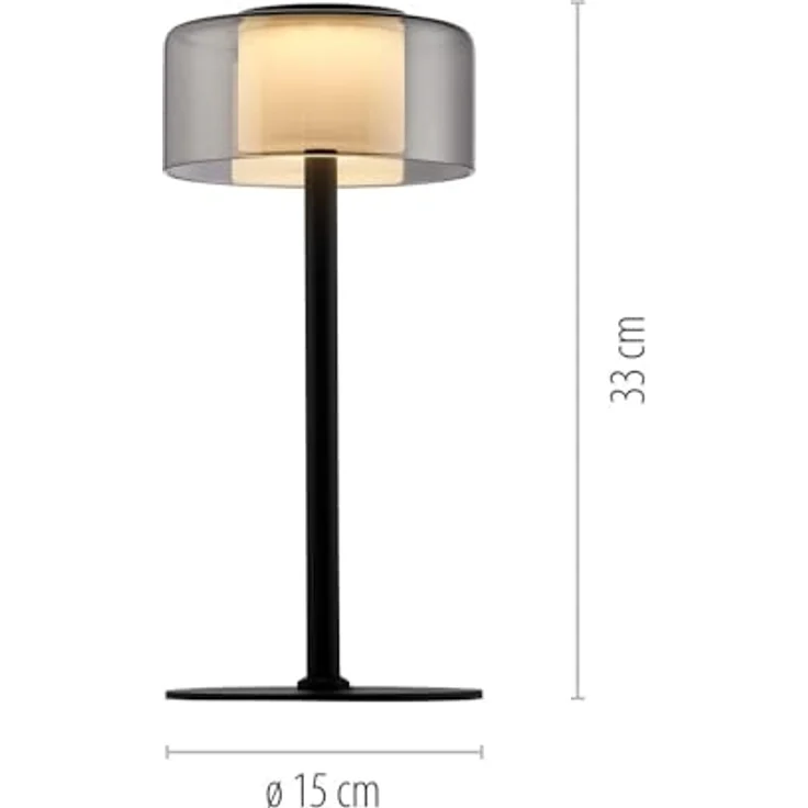 Paul Neuhaus LED Tischleuchte RIKA, Ø 15 x H 33 cm, Rauchfarben, Schwarz, Metall, Dimmfunktion, Memoryfunktion, LED fest integriert, Extra-Warmweiß, Lampenschirm aus Glas, Touch – Bild 9