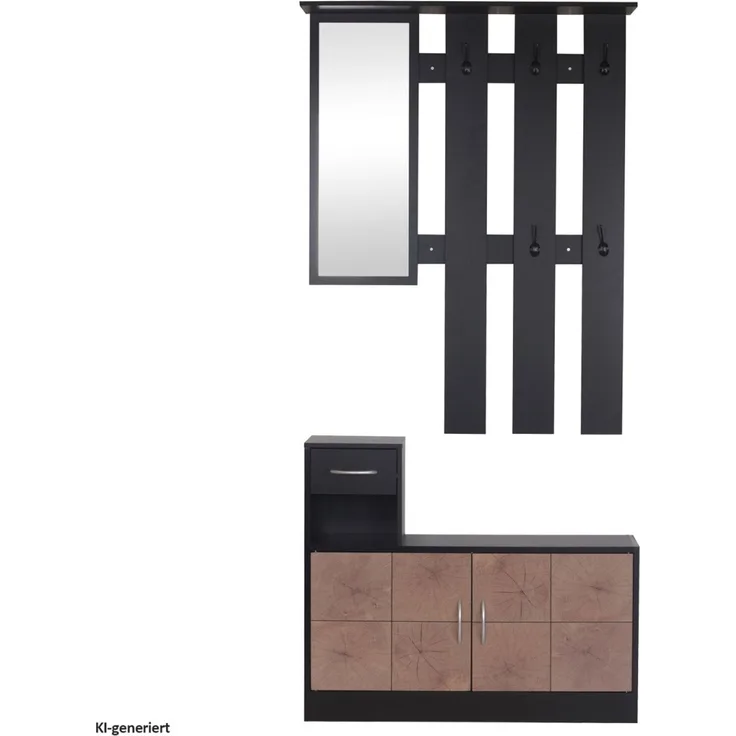 Garderobenpaneel mit Spiegel und Schuhschrank Schwarz-Baumscheibe