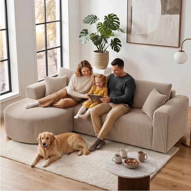 COMHOMA Sofa Ecksofa mit Schlaffunktion, Corduroy Modulares Boneless Couch, mit Chaiselongue, L-Form Schlafsofa, Sektionssofas mit Kissen & Seitentaschen – Bild 2