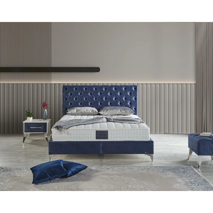 Schlafzimmer-Set "Lona" – Bett mit Bettkasten und Matratze , Nachttisch, Hocker-Blau – Bild 2