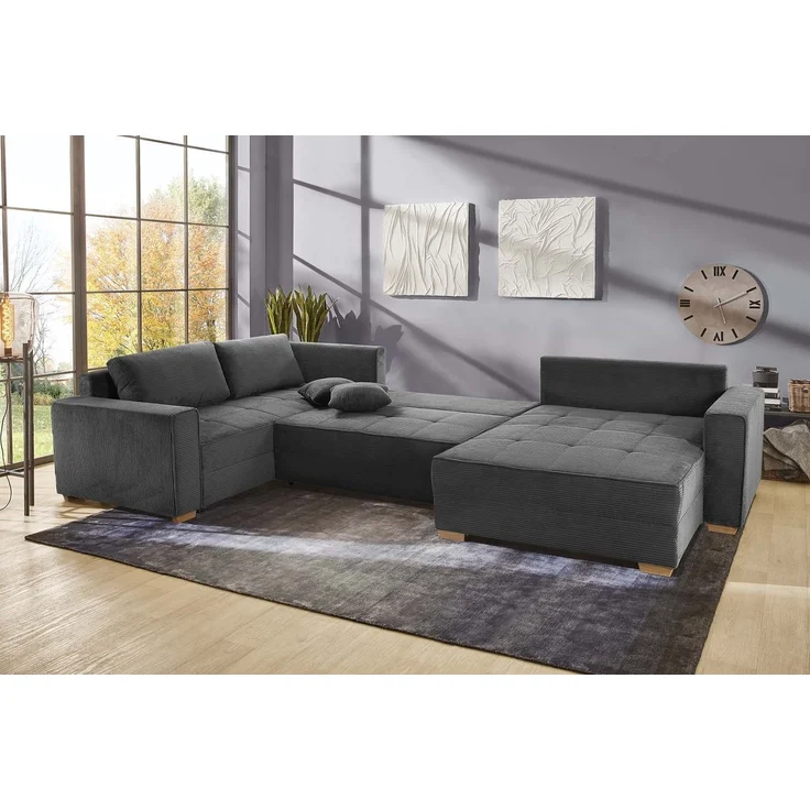 Wohnlandschaft U-Form Sofa Schlaffunktion Couch Bettkasten Cord Dunkelgrau – Bild 5