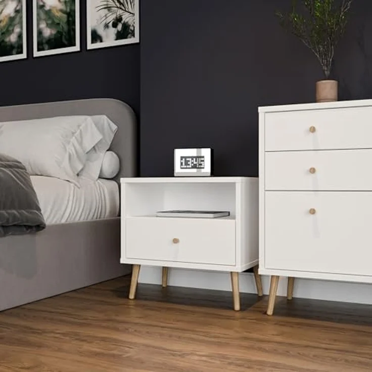 Forte HARLLSON Nachtschrank 60, Mid-Century-Modern Stil, leichte Montage Dank EasyKlix by Forte, 1 Schublade und 1 Ablage, Holzwerkstoff, Weiß, 59,8 cm breit x 57,7 cm hoch x 41,5 cm tief – Bild 2