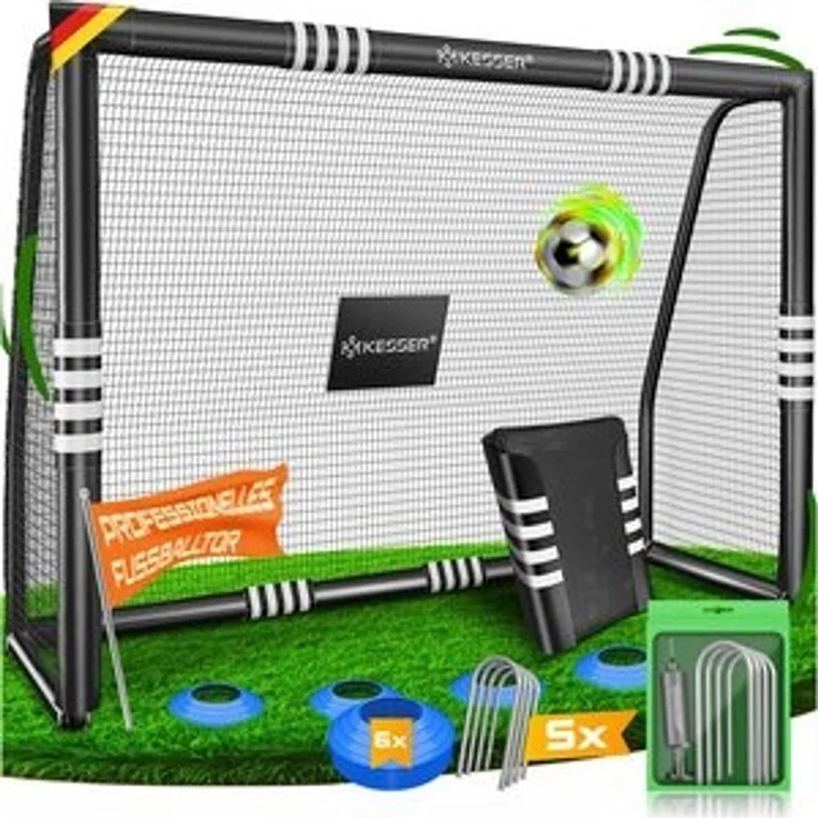 KESSER® Fußballtor mit Polsterung, Erdhaken, Luftpumpe & Hüttchen, Stahlrahmen schwarz, 240x160 cm – Bild 1