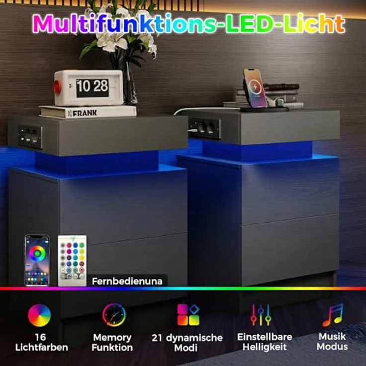 IRONCK Nachttisch 2er Set mit LED-Lichtern & 2 AC-Steckdose, Beistelltisch mit USB+Typ-C Anschlussen, Nachtschrank mit 2 Schubladen, Sofatisch für Schlafzimmer, Wohnzimmer, Grau – Bild 6