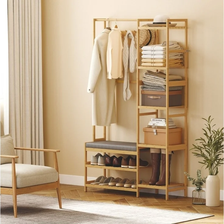 Garderobenständer aus Bambus mit Schuhregal und Sitzbank, 104x33x175 cm, Naturholz – Bild 1