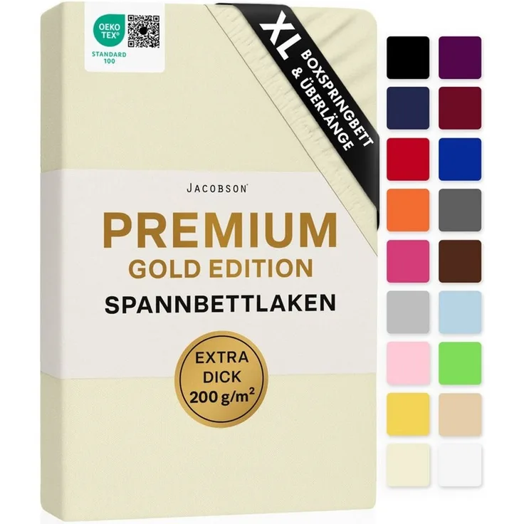 Jacobson Spannbettlaken PREMIUM für hohe Matratzen, Boxspringbett & Überlänge - 200 g/m², Stoffgewicht - straffer Sitz für maximalen Halt