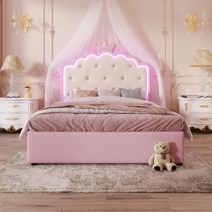 Polsterbett, 140 x 200 cm, mit Lattenrost (ohne Matratze), Ambiente-Beleuchtung mit Fernbedienung, Kronprinzessinnenform, Ausziehbett, 2 Schubladen, Material PU, Rosa – Bild 7