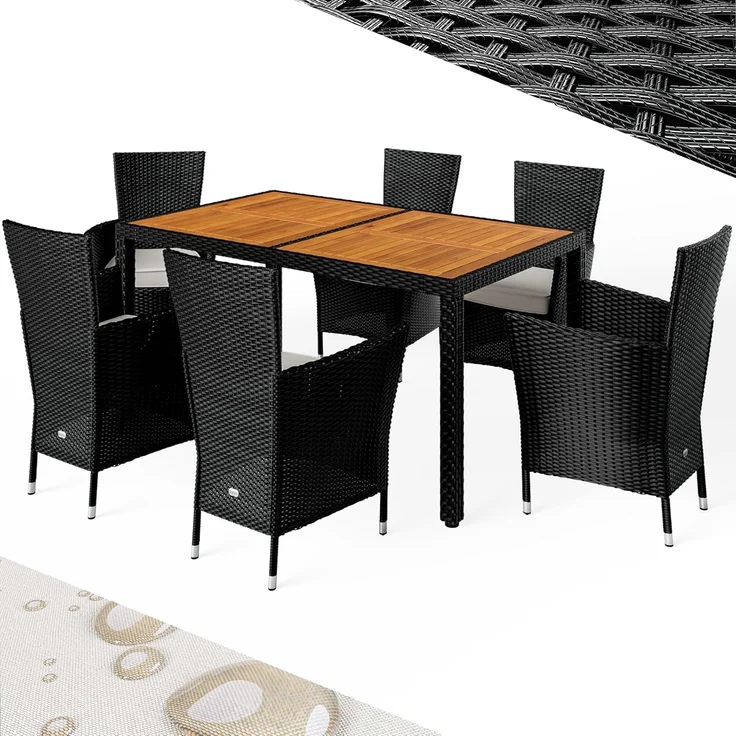 Casaria Garten-Essgruppe, (7-tlg), Gartenmöbel Set 6 Stühle mit 7cm Polster Tisch 150x90cm Akazie Schwarz