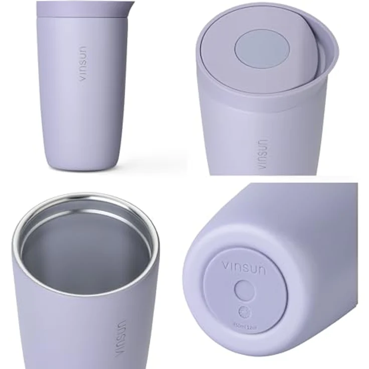 Vinsun Thermobecher Edelstahl Isolierbecher 350ml - Kaffeebecher to Go auslaufsicher, 2-tlg, Edelstahl, Doppelwandig, BPA frei, bruchfest, Einhandbedienung per Knopfdruck – Bild 7